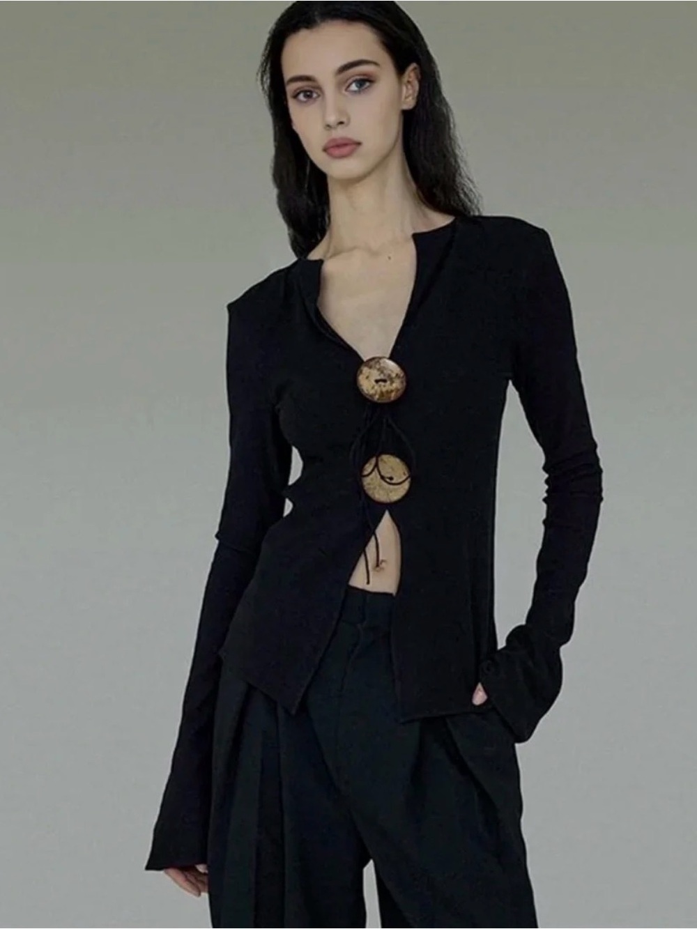 Commense Black Long Sleeve Top with Decorative Buttons
